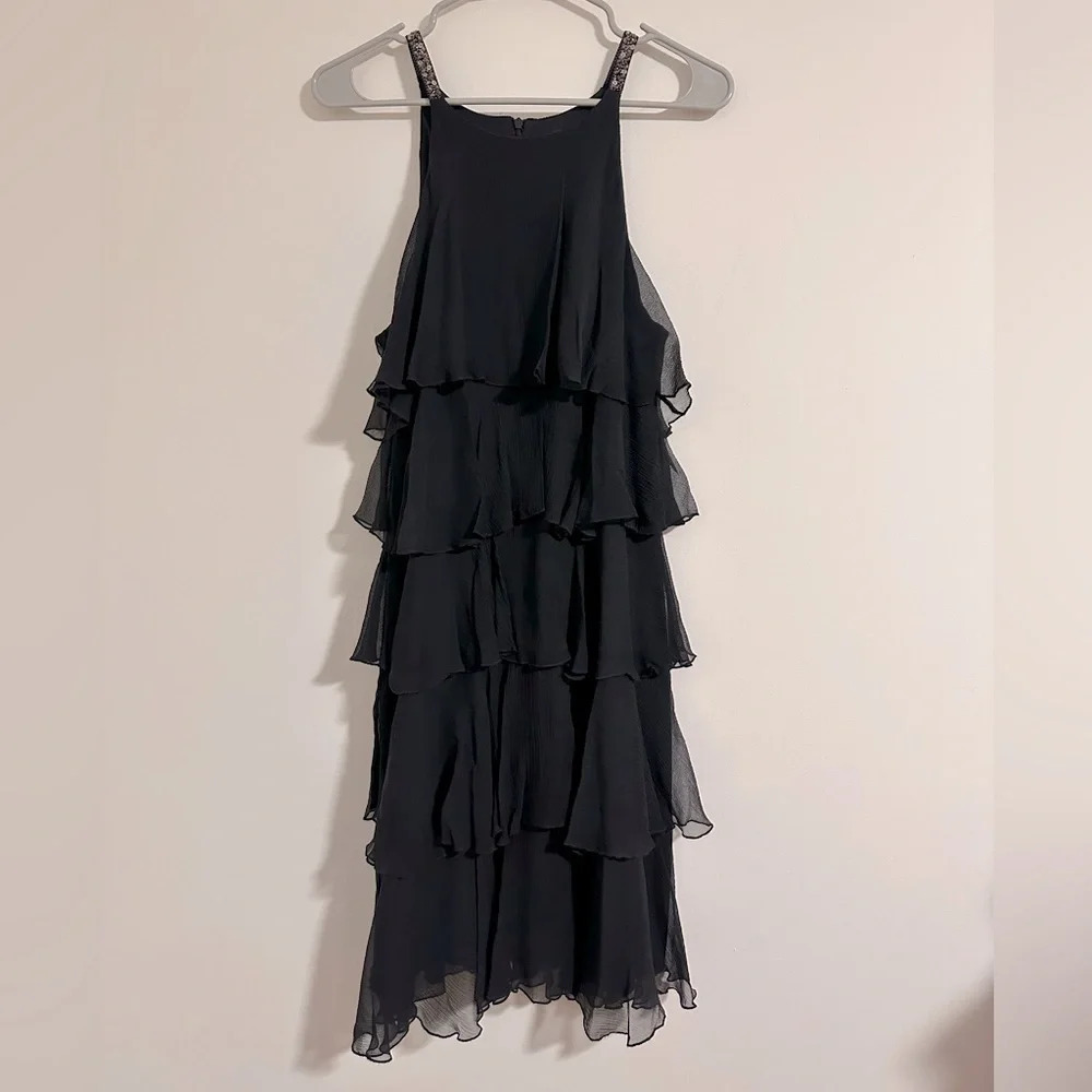 BCBGMAXAZRIA vintage 90s tulle tiered ruffle black dress with sequin strap Y2K